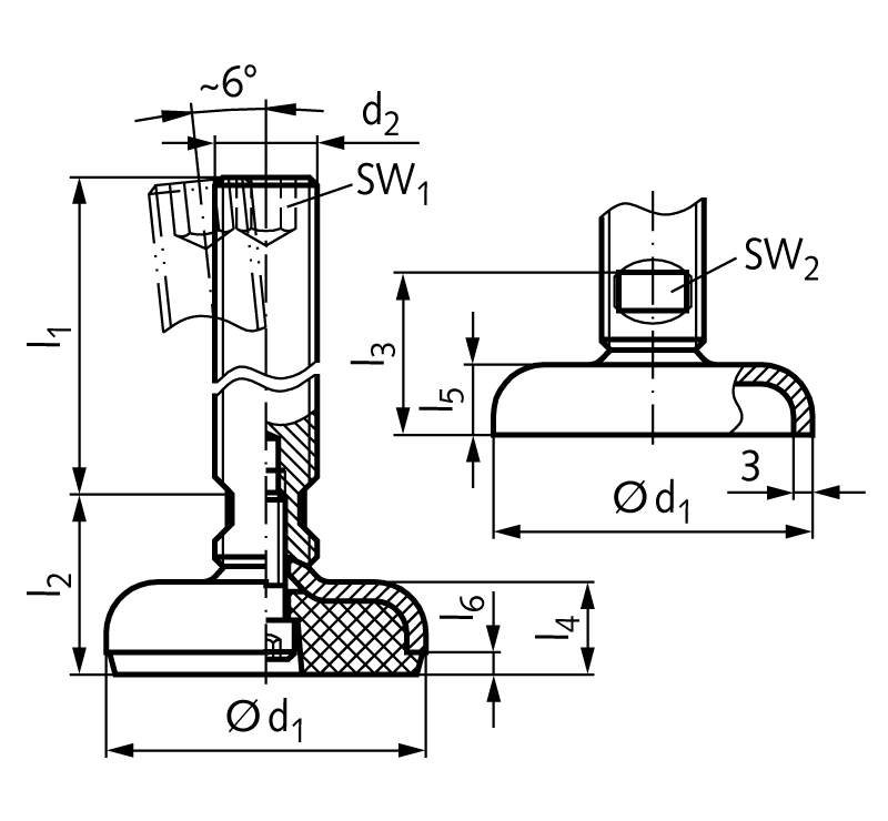 Leveling foot 344 type AG M16x100mm long foot diameter 80mm