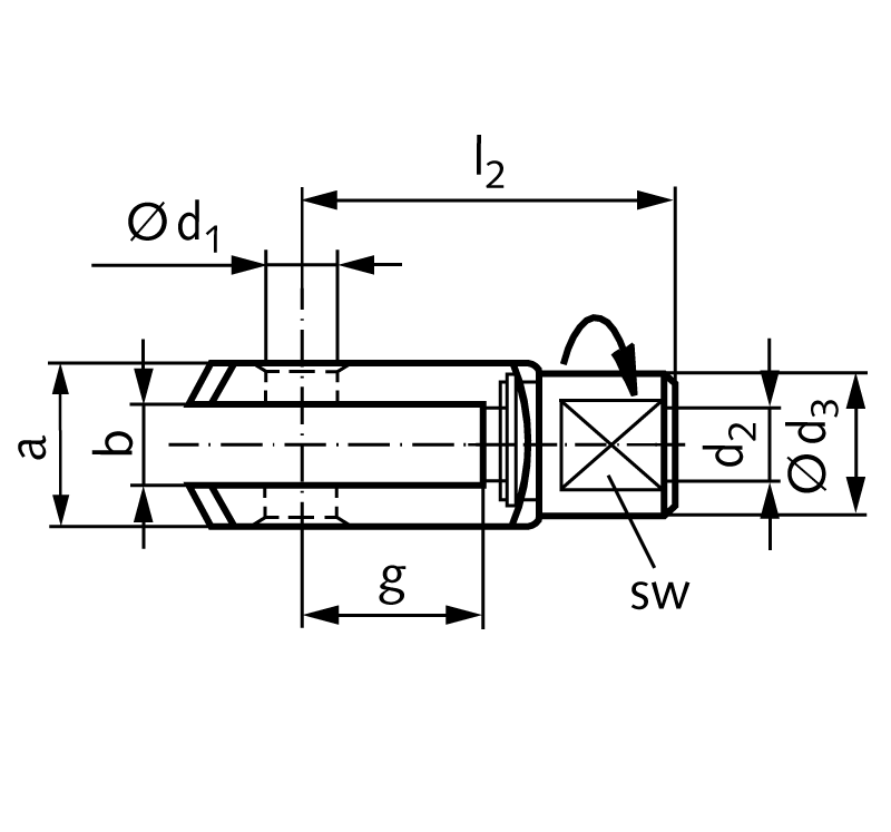 Clevis GD with rotating shaft similar DIN 71752 size 8×32 right handed steel zinc-plated
