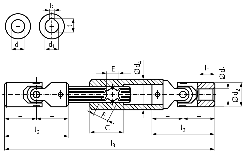 Slip shaft with joints PWN with needle bearings bore 16H7 with keyway DIN 6885-1 tolerance JS9 on both sides min. length 250mm max. length 320mm steel
