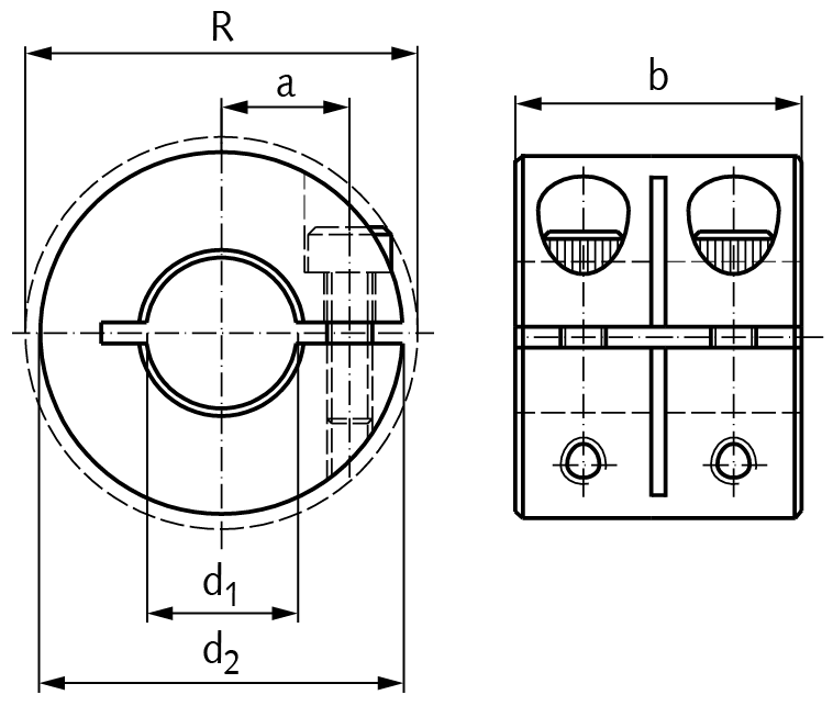 Clamp collar single-split double wide steel C45 black oxide finished bore 6mm with bolt DIN 912 12.9