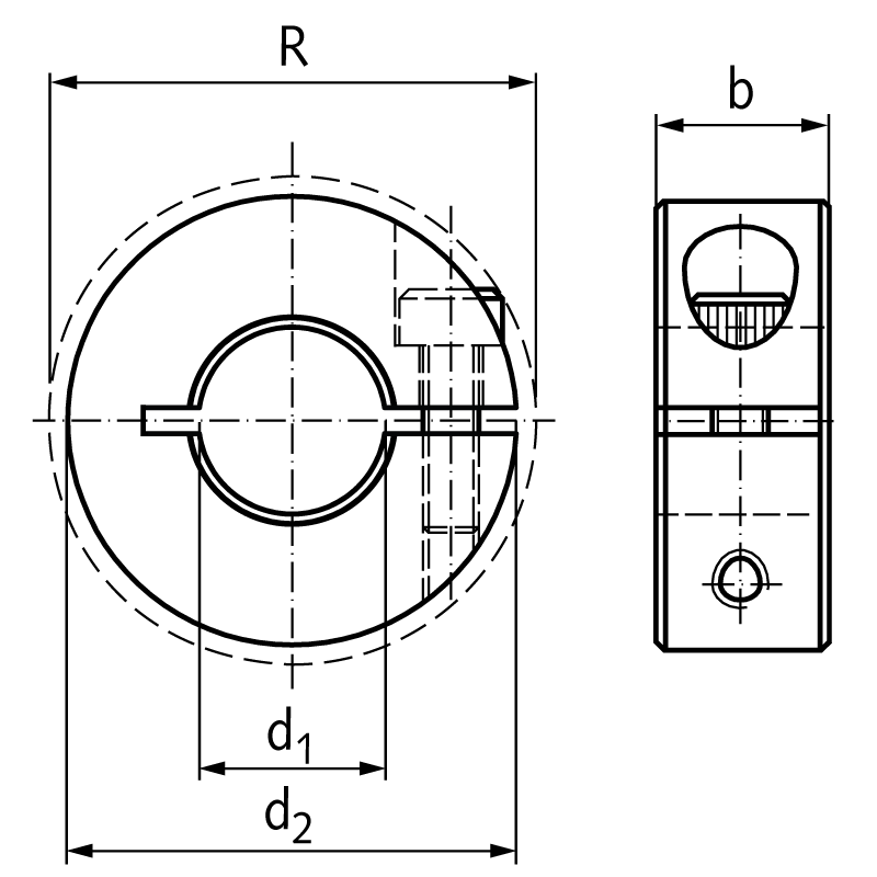 Clamp collar single-split steel C45 black oxide finished bore 0.875 inch = 22.225mm with bolt DIN 912 12.9
