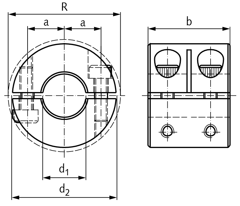 Clamp collar double-split double wide steel C45 black oxide finished bore 30mm with bolts DIN 912 12.9