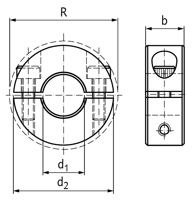 Clamp collar double-split steel C45 black oxide finished bore 75mm with bolts DIN 912 12.9