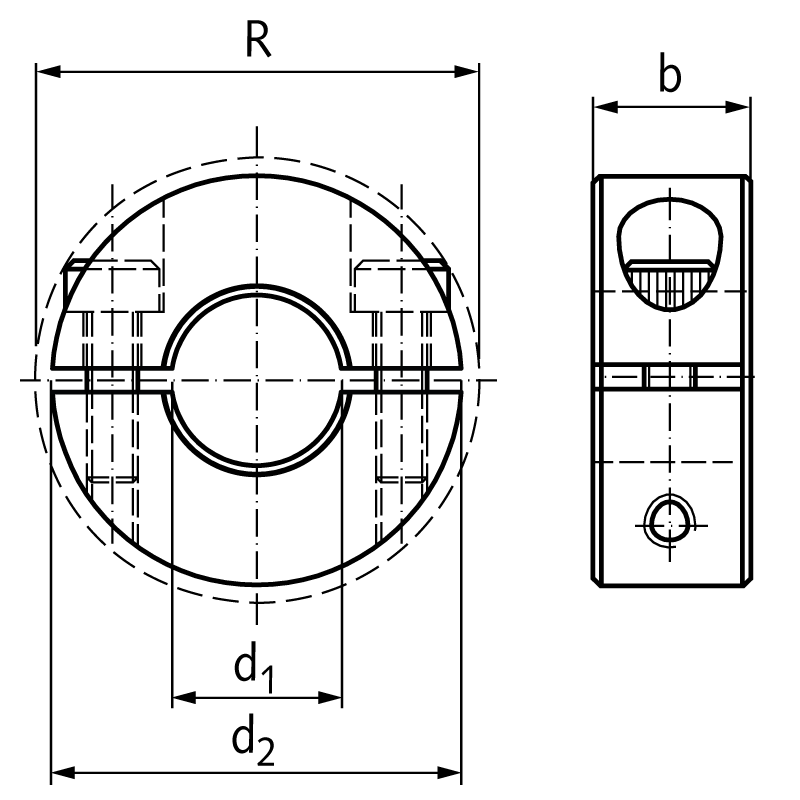 Clamp collar double-split stainless steel 1.4305 bore 0.75 inch = 19.05mm with bolts DIN 912 A2-70
