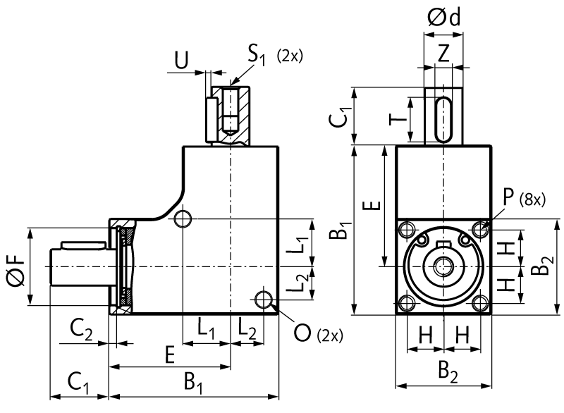 Bevel gearbox KEK version A size 4 ratio 1:1 shaft diameter 12mm housing length 46mm