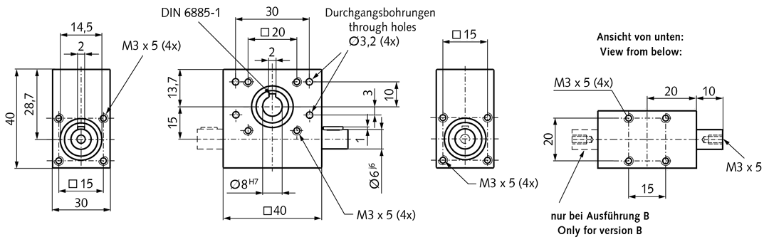 Worm gear unit KES 15 version A center distance 15mm ratio 40:1 output hollow shaft 8mm