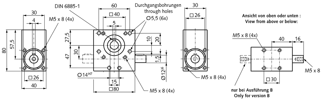 Worm gear unit KES 30 version B center distance 30mm ratio 64:1 output hollow shaft 14mm