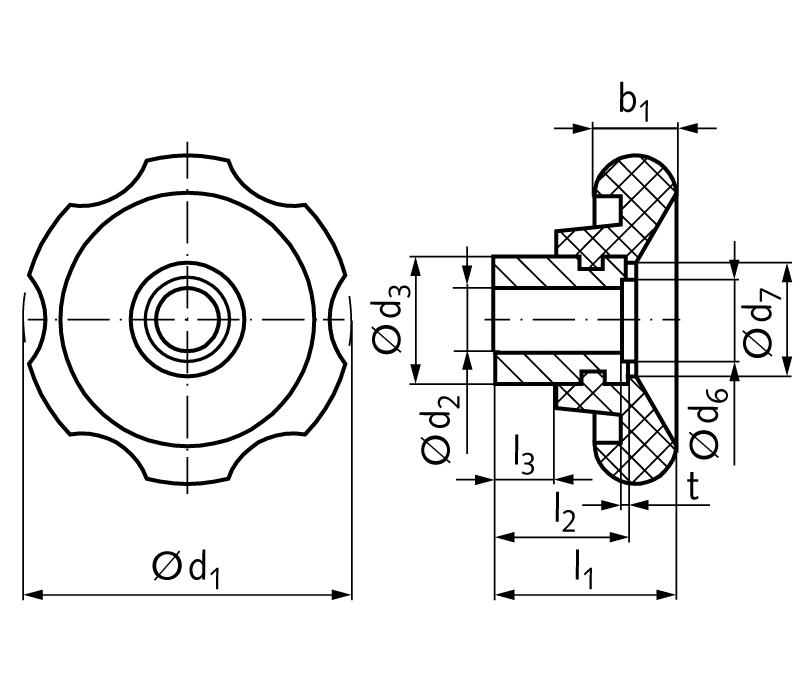 Handwheel 527.1 made of plastic with steel hub with peripheral grooves diameter 70mm bore 14 H7