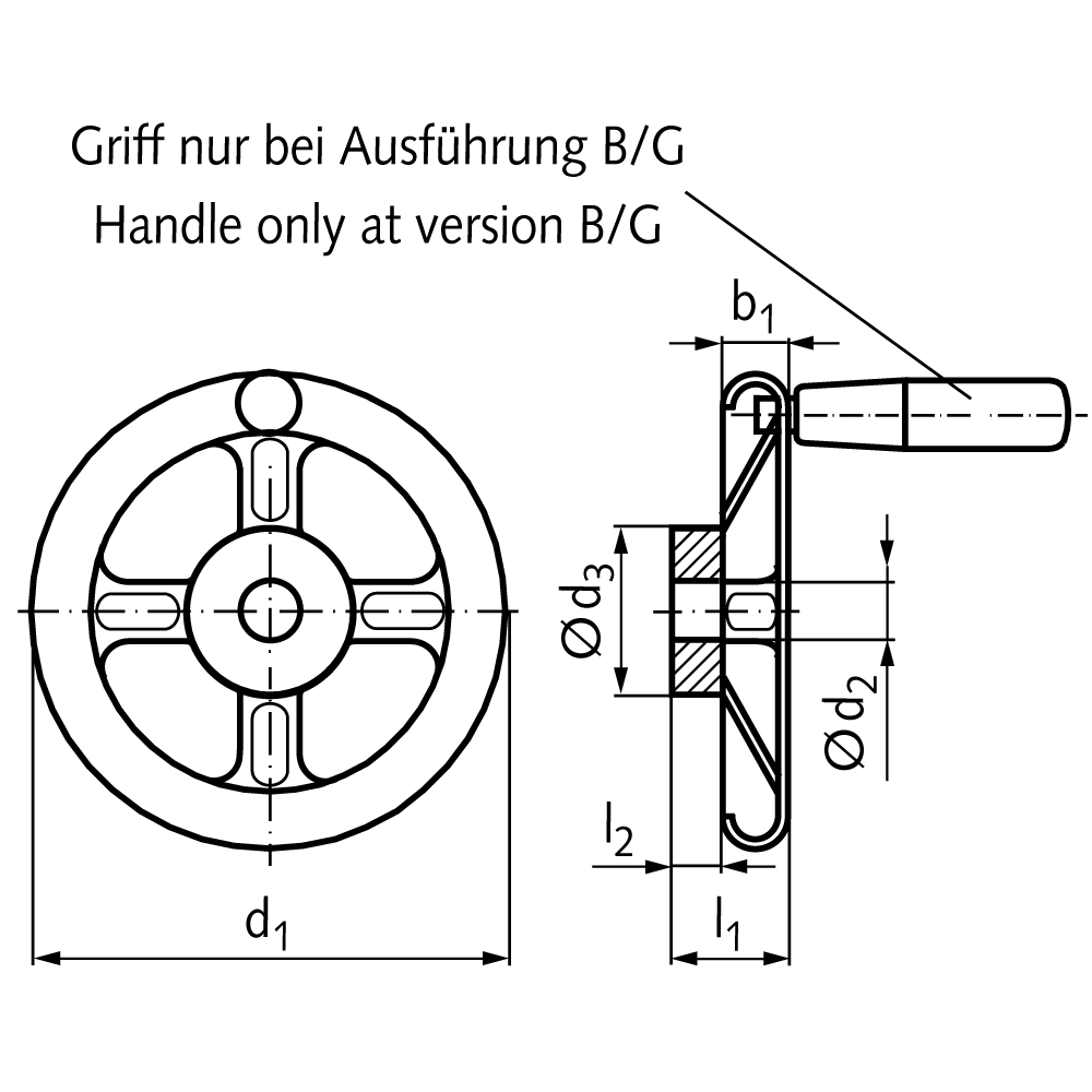 Spoked handwheel stainless steel 1.4404 (AISI 316L) version B/G with cylindrical handle diameter 200mm