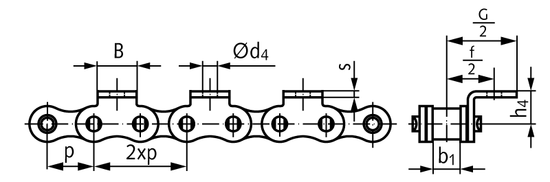 Roller chain with bent attachments 08 B-1-K1 2xp attachments slim version on one side