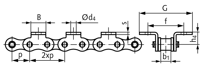 Roller chain with bent attachments 16 B-1-K1 2xp attachments slim version on both sides