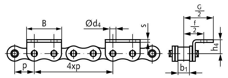 Roller chain with bent attachments 06 B-1-K2, 4xp attachments wide version on one side