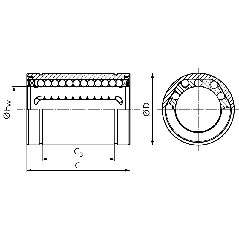 Linear ball bearing KB-3-STS ISO series 3 ball cage from steel sealed on both sides for shaft Ø 25mm