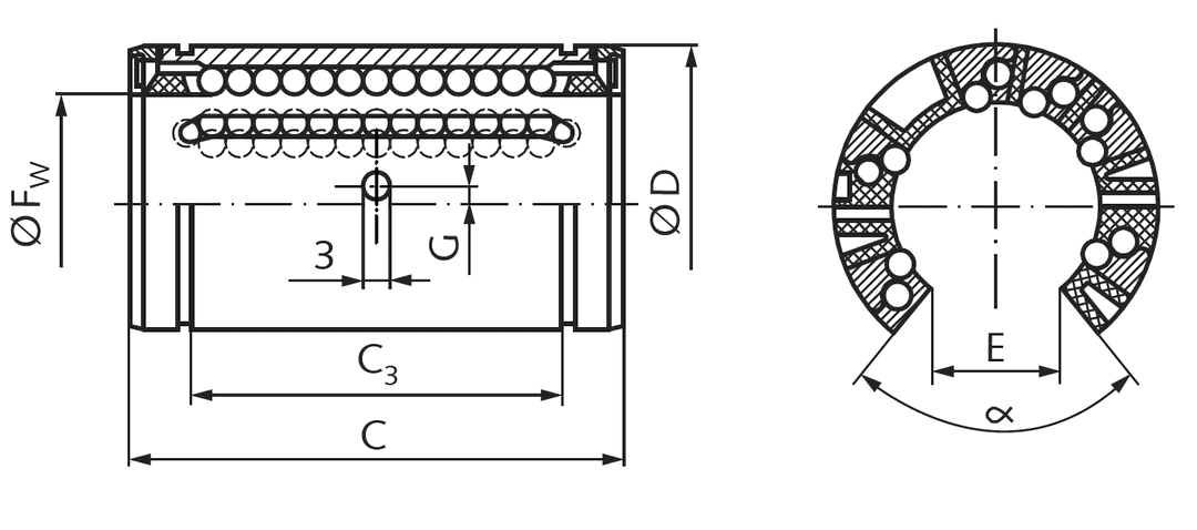 Linear bearing KB-3 ISO series 3 Easy-Line with seals for shaft Ø 20mm open design