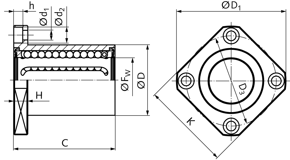Linear ball bearing KB-ST-V with square flange sealed on both sides for shaft Ø 20mm short version