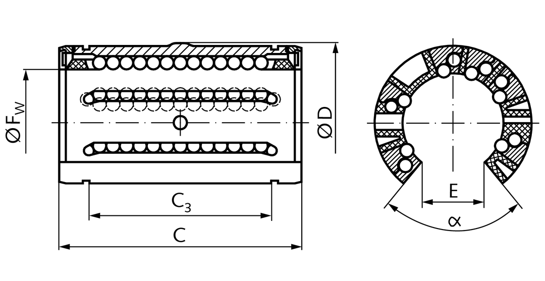 Self-aligning open linear bearing KB-3-A ISO series 3 premium with seals for shaft Ø 16mm