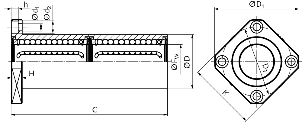 Tandem linear ball bearing KB-ST-VL with square flange sealed on both sides for shaft Ø 30mm long version