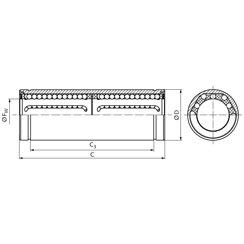 Tandem linear ball bearing KBT-ST ISO series 3 sealed on both sides for shaft Ø 40mm