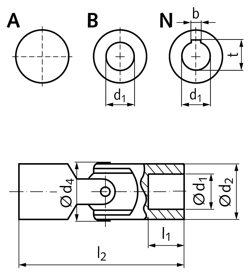 Cardan joint KE outer diameter 40mm bore 25H7 with keyway DIN 6885-1 tolerance JS9 on both sides