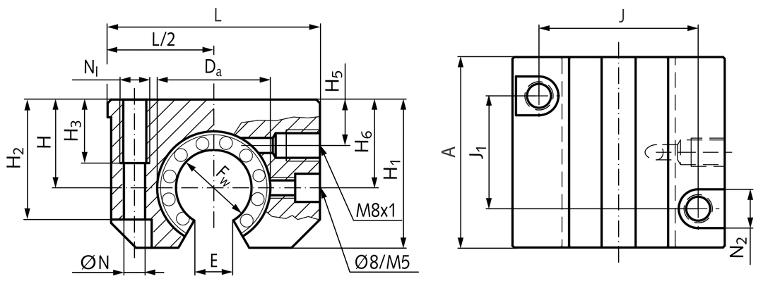 Linear bearing unit KG-3-O ISO series 3 Easy-Line with self-aligning linear ball bearing with seals for shaft Ø 25mm open design