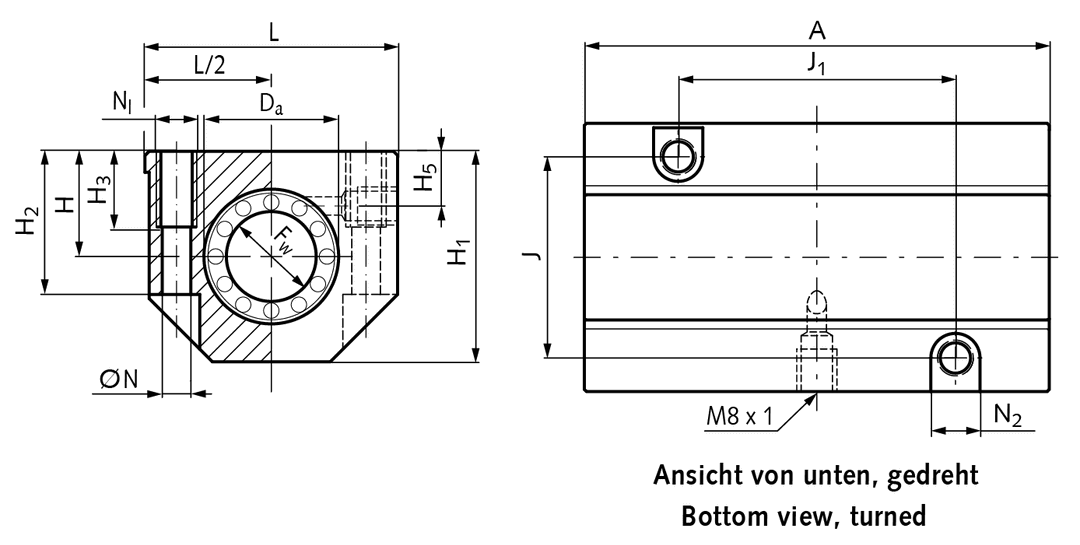 Tandem linear bearing unit KGT-3 ISO series 3 Easy-Line with linear ball bearings with angular compensation with seals for shaft Ø 30mm