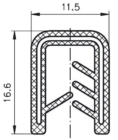 Edge trim PVC black application range 4.0 – 6.0 mm height 16.6mm width 11.5mm