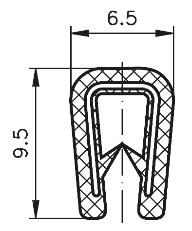 Edge trim PVC black application range 1.0 – 2.0 mm height 9.5mm width 6.5mm