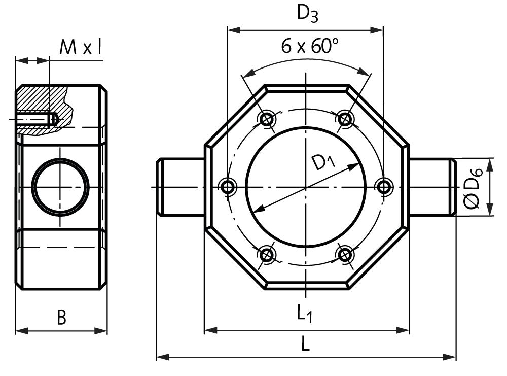 Cardan adapter KARA-32 bore D1=32mm D3=45mm thread=M6 x 12