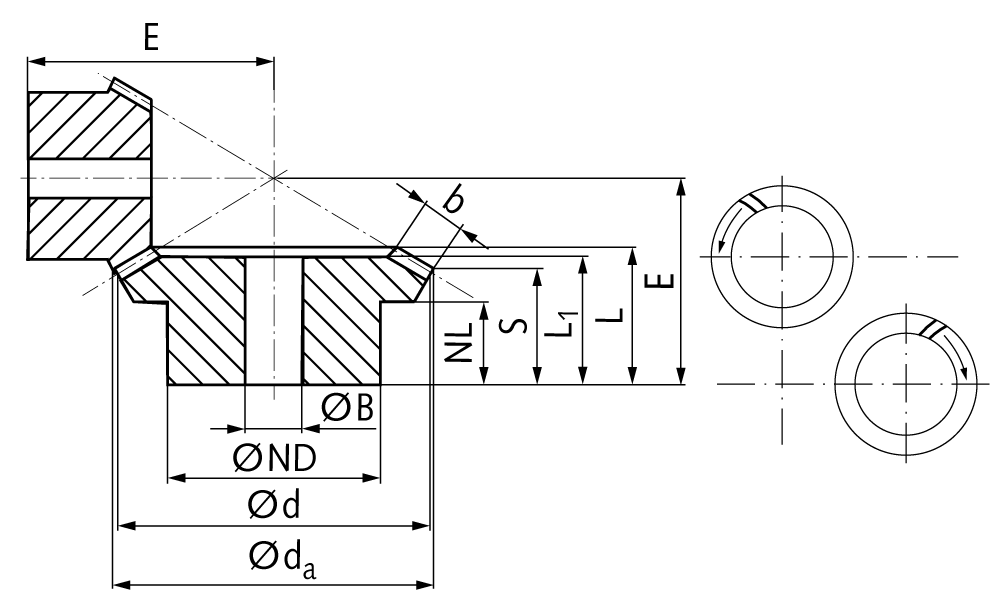 Bevel gear set spiral toothed, module 1 number of teeth 20/30 i=1.5:1 material steel 42CrMo4 teeth hardened
