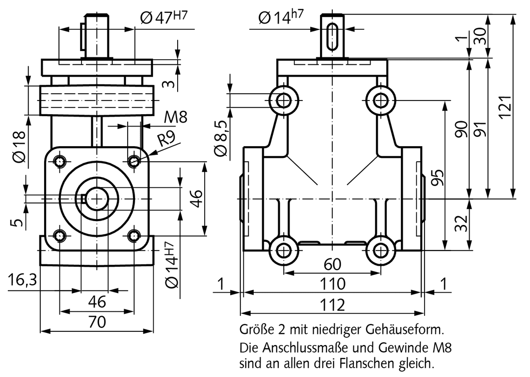 Bevel gearbox DZA, type H, size 2, i=2:1