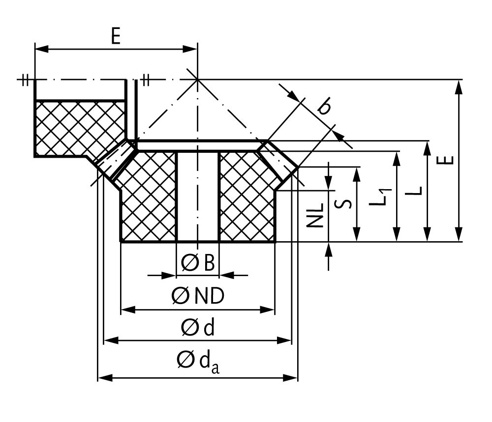 Bevel gear made of polyketone die-cast module 1.5 30 teeth i=2:1 bore 10mm