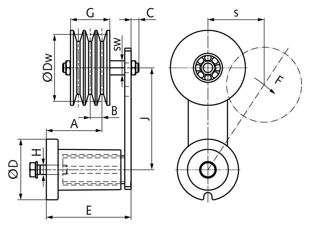 V-belt tensioner 810N profile XPB, SPB and B (17) 2 grooves Dw 125mm