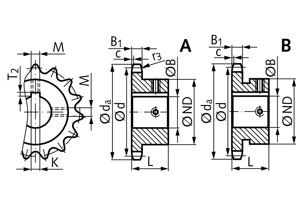 Sprocket KRF with hub 08 B-1 11 teeth material steel bore 12H7 keyway DIN 6885/1 2 set screw threads teeth induction hardened
