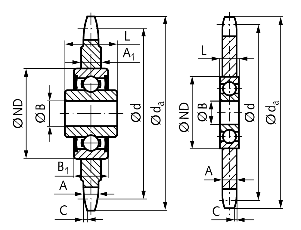 Chain tensioning wheel KSP-R material 1.4301 (AISI 304) 16 B-1 1″x17.02mm 13 teeth with ball bearing