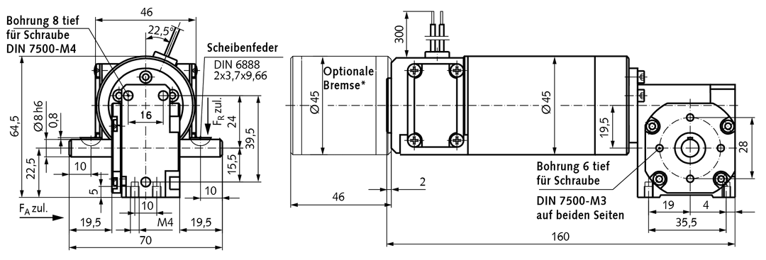 Small geared motor SE with DC motor 24V size 2 n2=79 rpm i=38:1