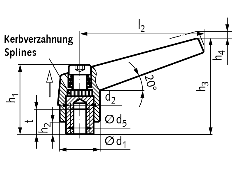 Adjustable clamping lever 120 version N internal thread M8 length l2=62mm