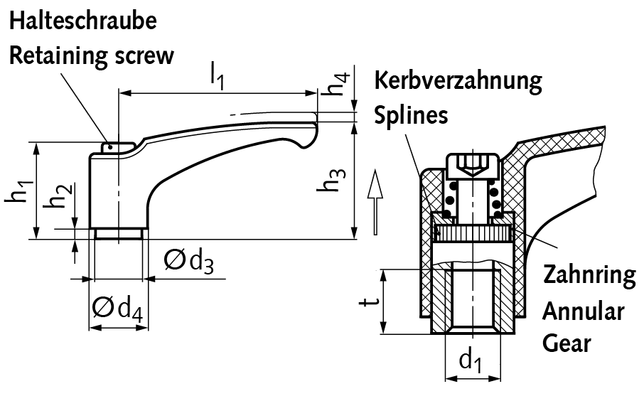 Adjustable clamping lever 355 version N with internal thread M10 lever length L1 = 95mm ployamide black-grey