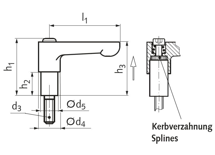 Adjustable clamping lever type K lever length 45 mm shaft length 16 mm external thread M5 x 16mm