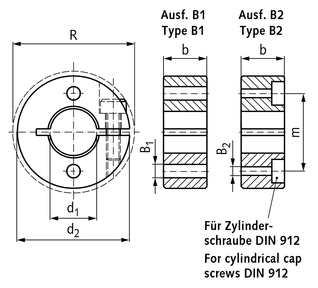 Clamp collar single-split steel C45 black oxide finished bore 16mm with bolt DIN 912 12.9 type B2