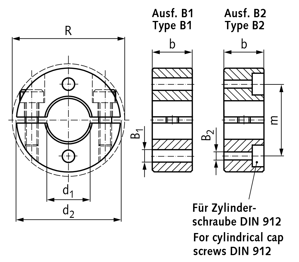 Clamp collar double-split steel C45 black oxide finished bore 14mm with bolts DIN 912 12.9 type B1
