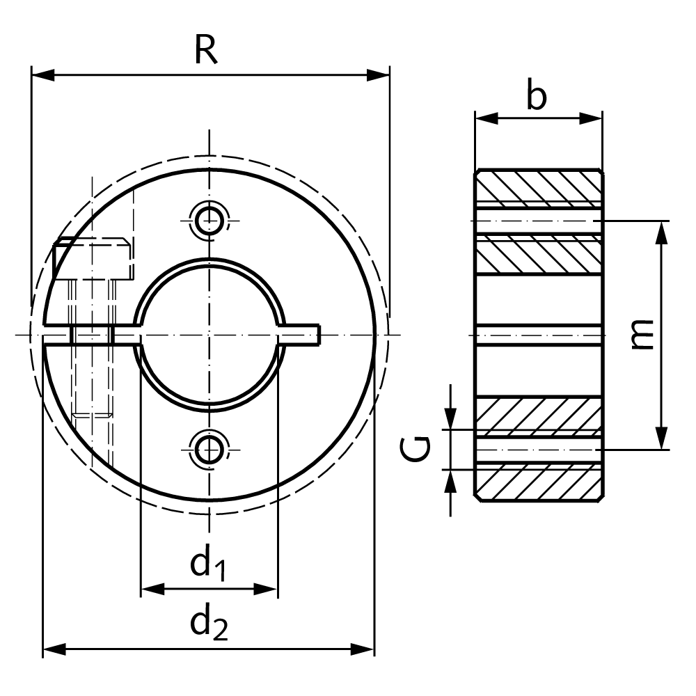 Clamp collar single-split steel C45 black oxide finished bore 10mm with bolt DIN 912 12.9 type GA