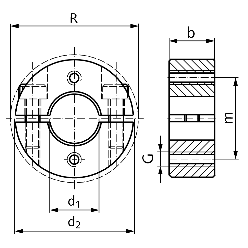 Clamp collar double-split steel C45 black oxide finished bore 18mm with bolts DIN 912 12.9 type GA