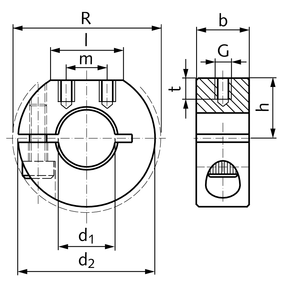 Clamp collar single-split steel C45 black oxide finished bore 16mm with bolt DIN 912 12.9 type GR
