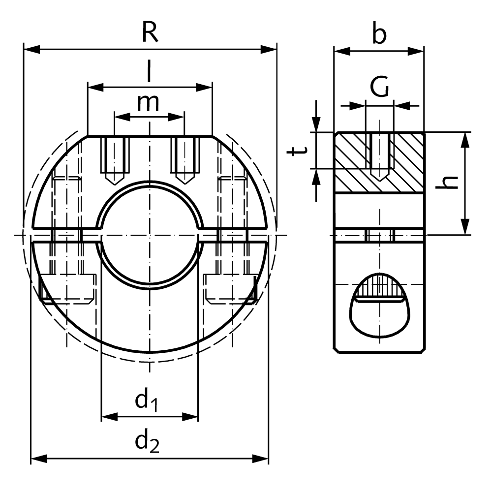 Clamp collar double-split steel C45 black oxide finished bore 18mm with bolts DIN 912 12.9 type GR