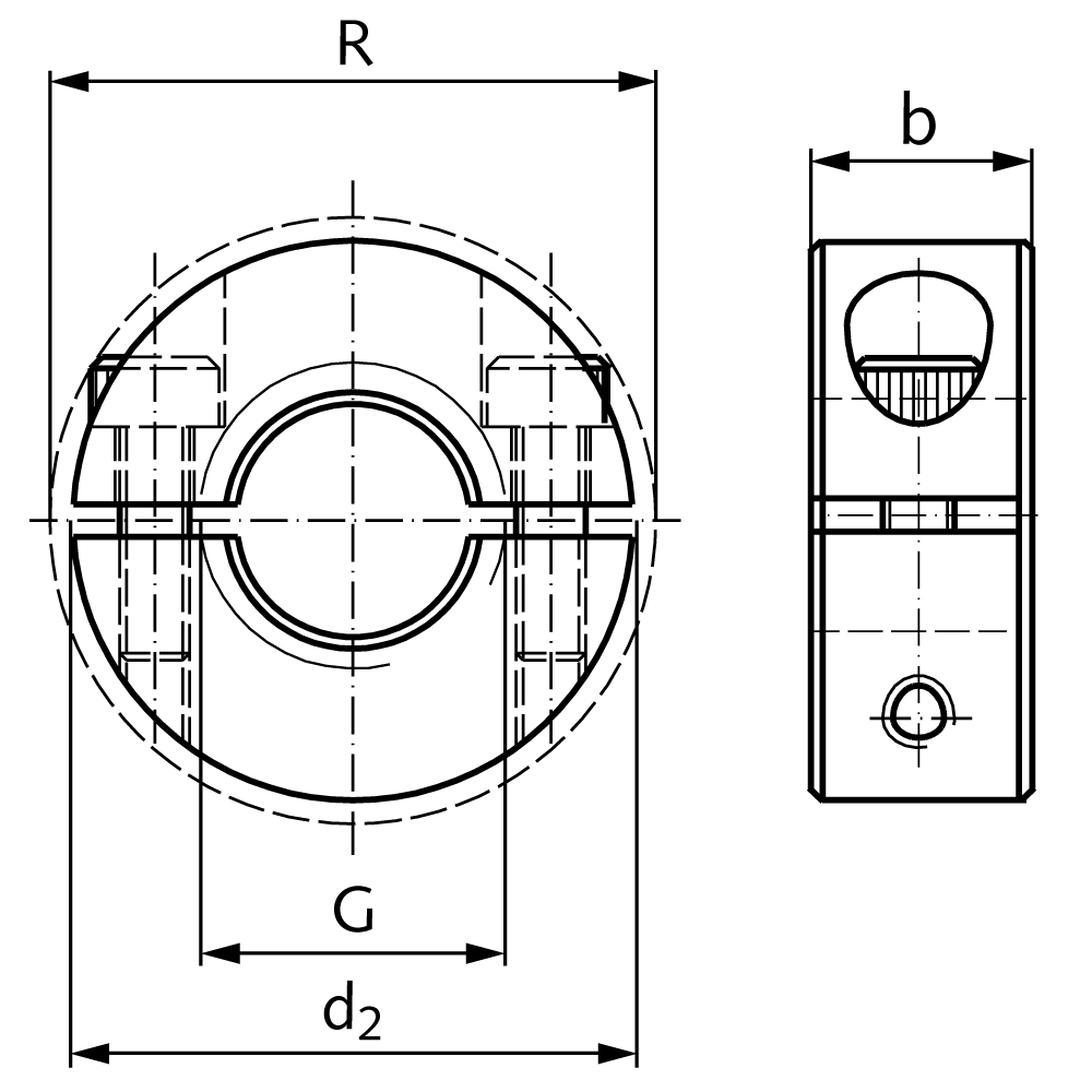 Clamp collar with thread double split steel C45 black oxide finished thread M30 x 3,5 with bolts DIN 912 12.9