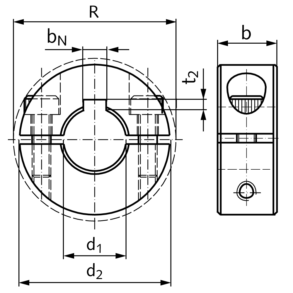 Clamp collar double-split steel C45 black oxide finished bore 16mm with bolts DIN 912 12.9 type N