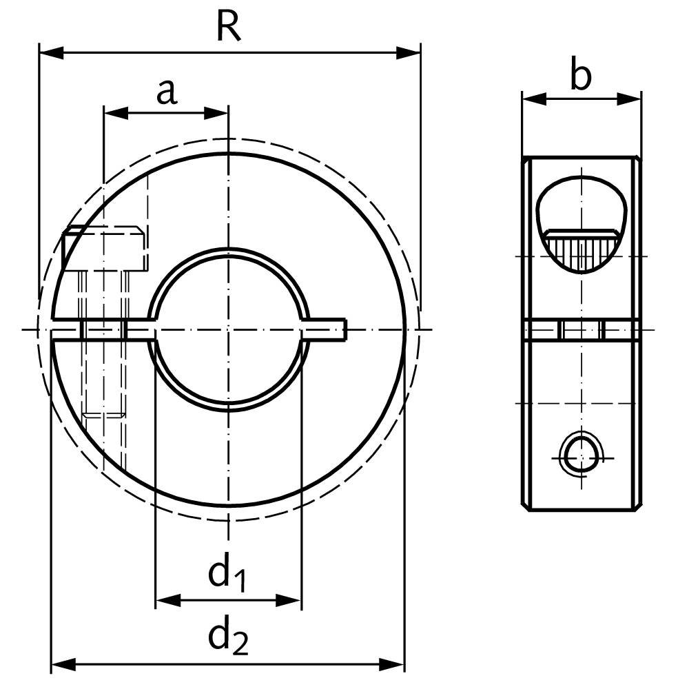 Clamp collar single-split stainless steel 1.4305 bore 12mm with bolt DIN 912 A2-70 type S