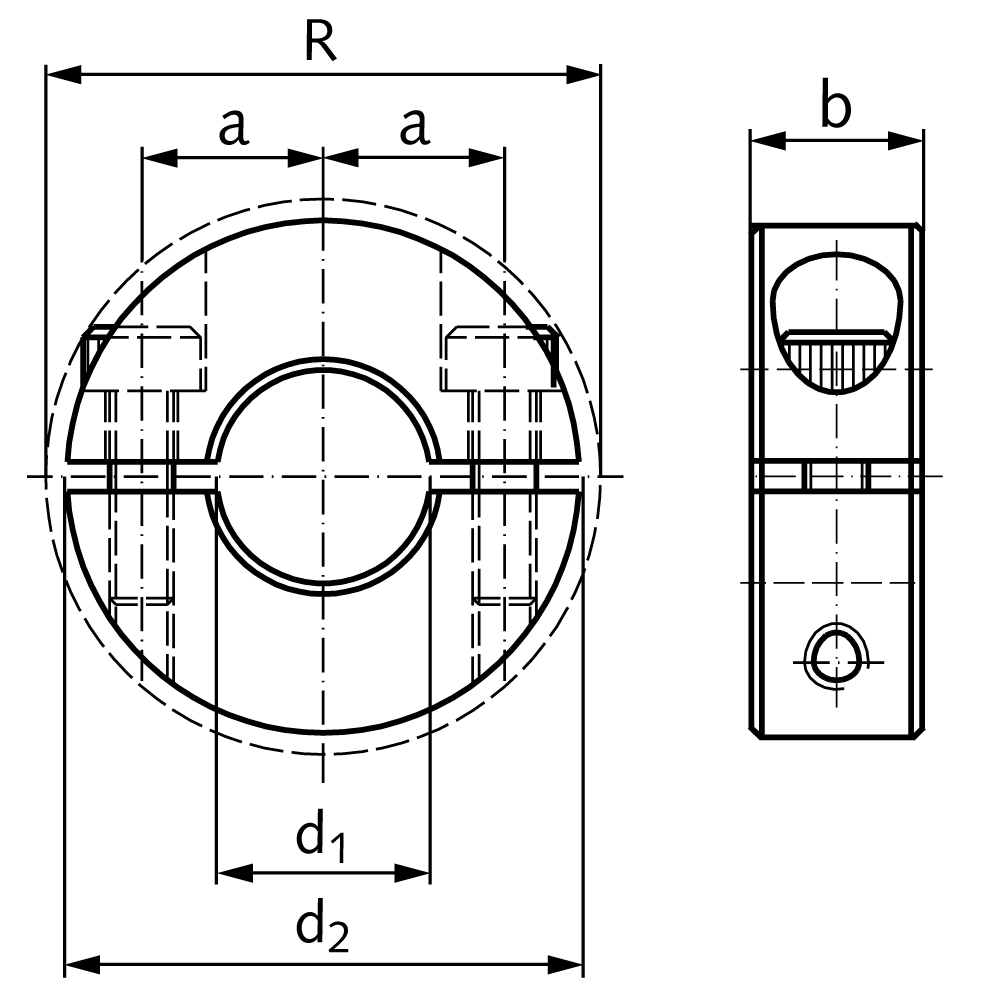 Clamp collar double-split aluminium bore 10mm with bolts DIN 912 A2-70 type S