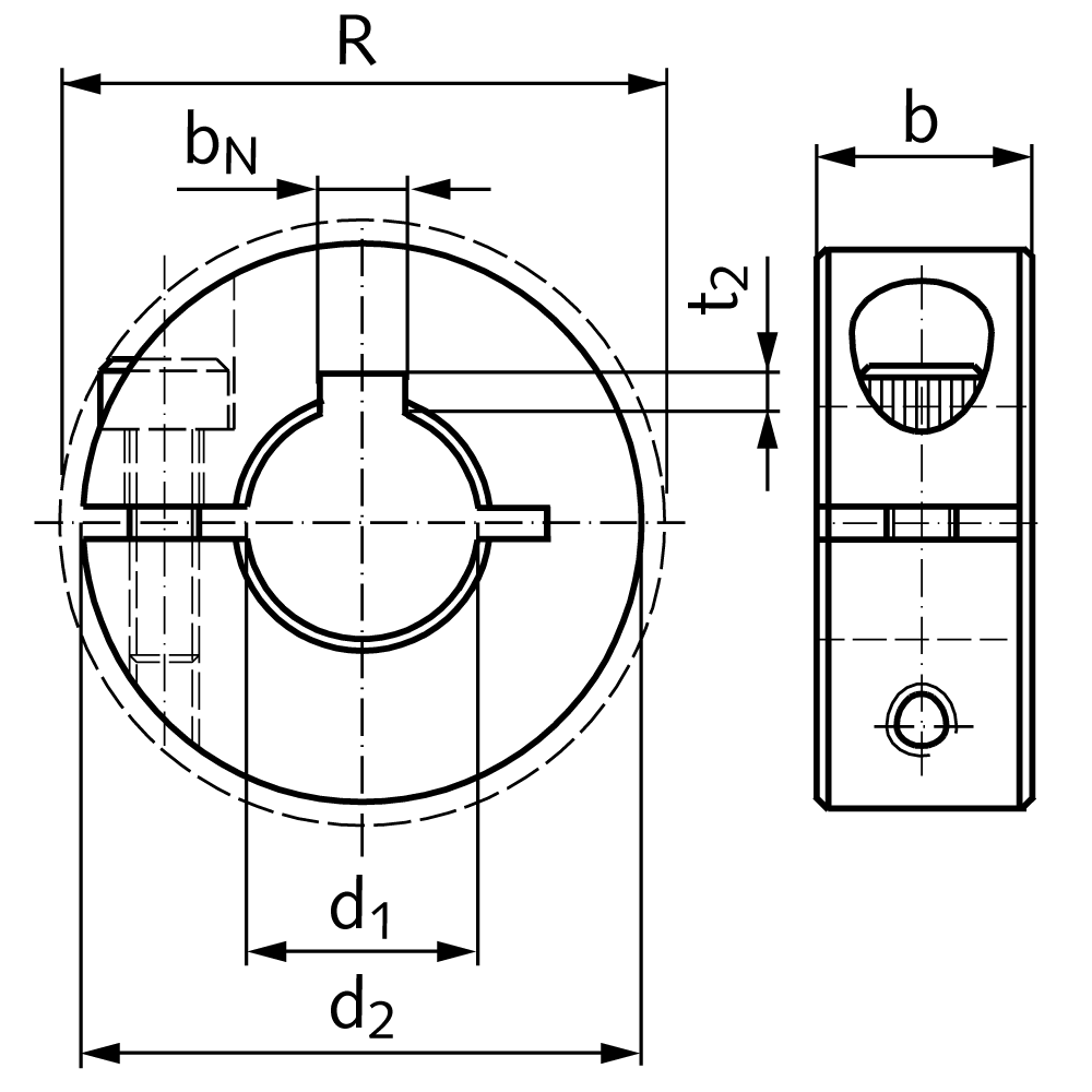 Clamp collar single-split steel C45 black oxide finished bore 16mm with bolt DIN 912 12.9 type N