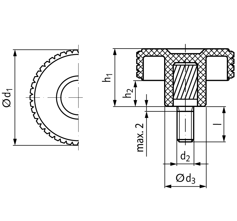 Knurled knob screw made from thermoplast outside diameter 32mm external thread M5 x 20mm